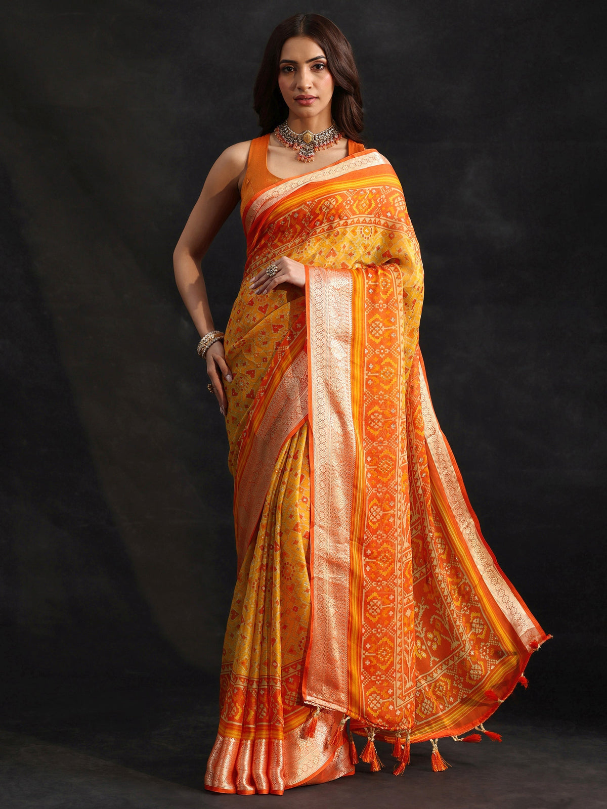 Anouk Mustard Patola Printed Chanderi Silk Saree