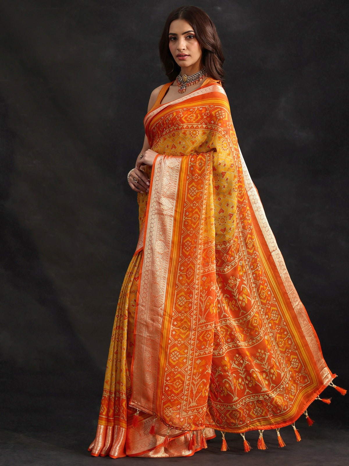Anouk Mustard Patola Printed Chanderi Silk Saree