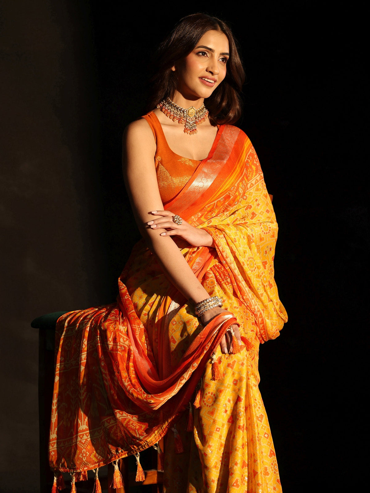 Anouk Mustard Patola Printed Chanderi Silk Saree