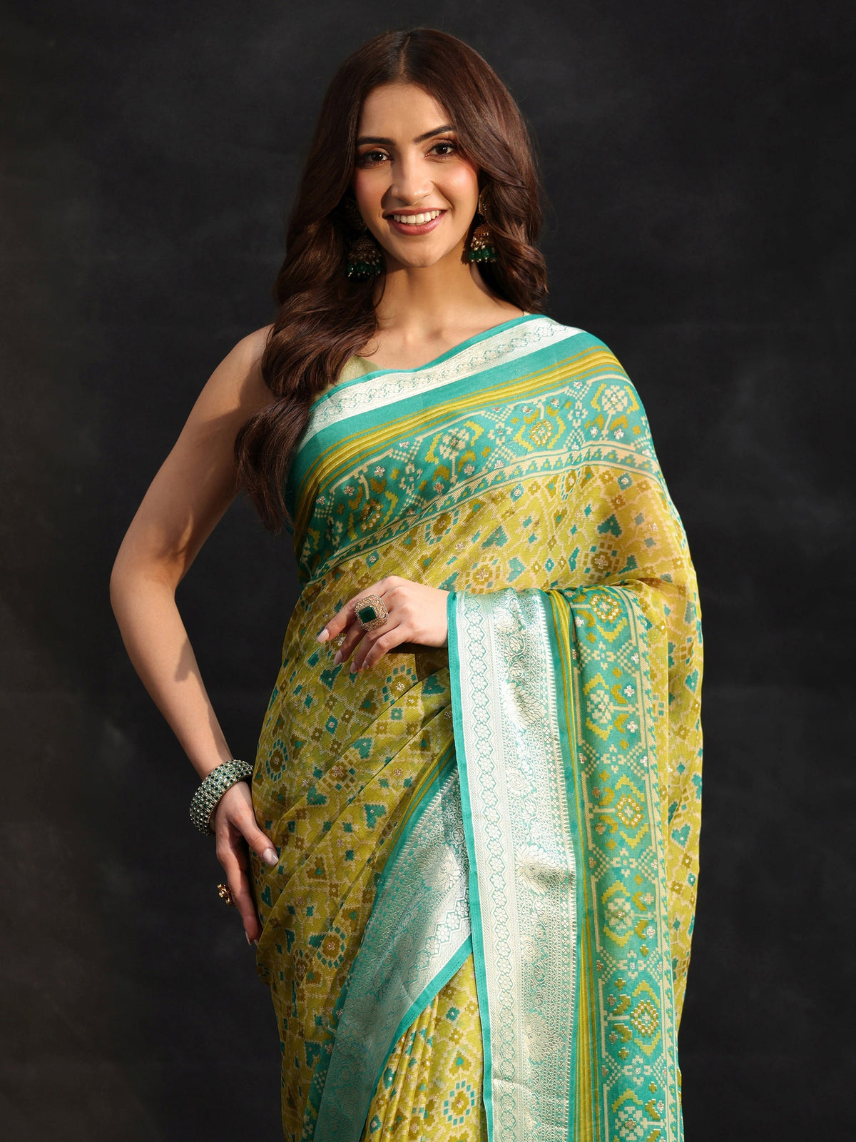 Anouk Sea Green Patola Printed Chiffon Saree