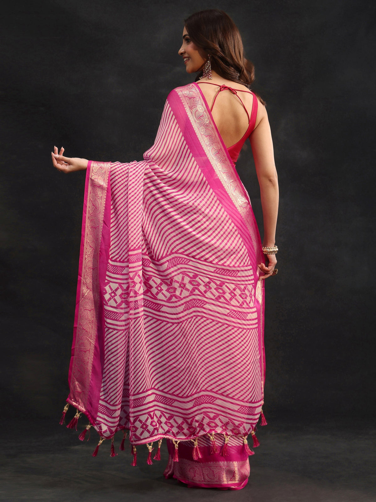 Anouk Hot Pink Striped Chiffon Saree with Paisley Border