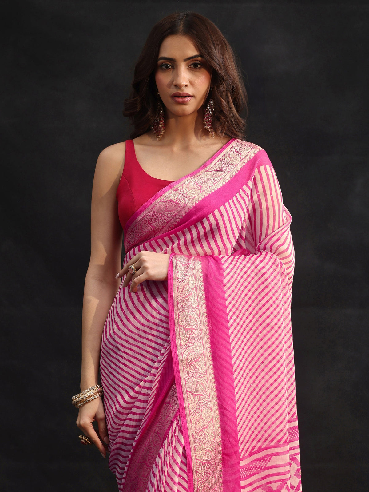 Anouk Hot Pink Striped Chiffon Saree with Paisley Border