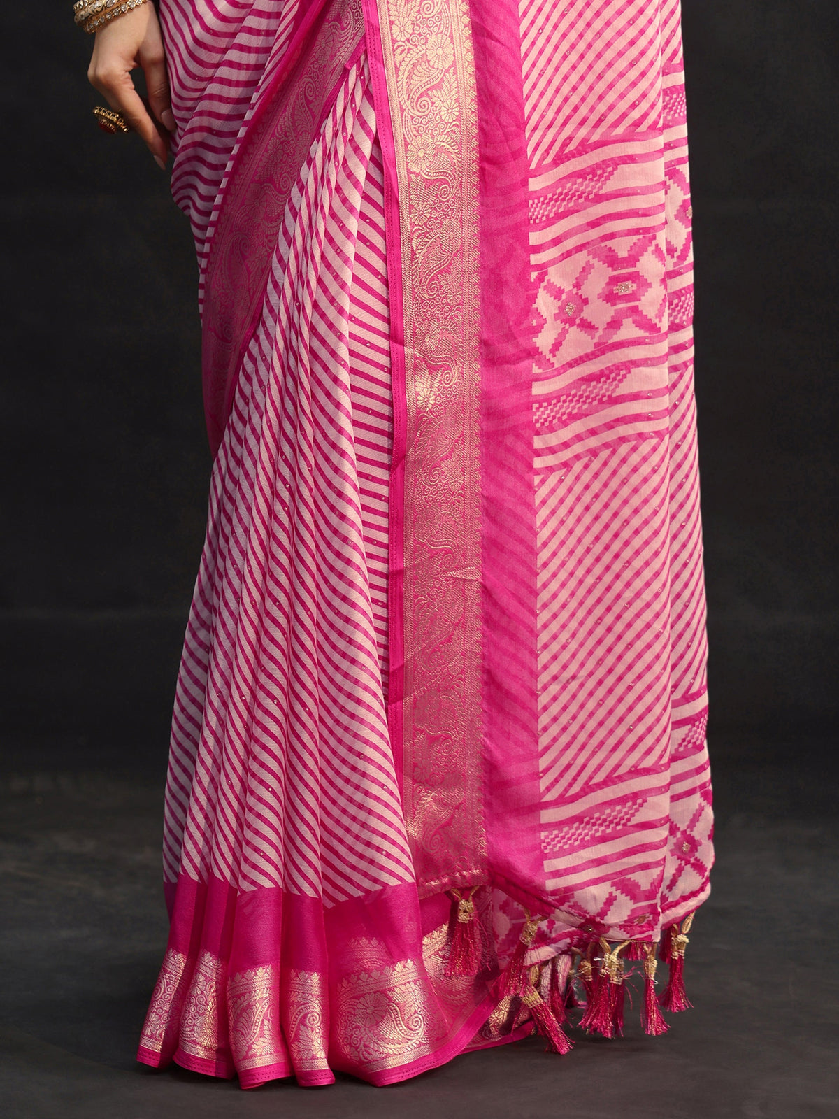 Anouk Hot Pink Striped Chiffon Saree with Paisley Border