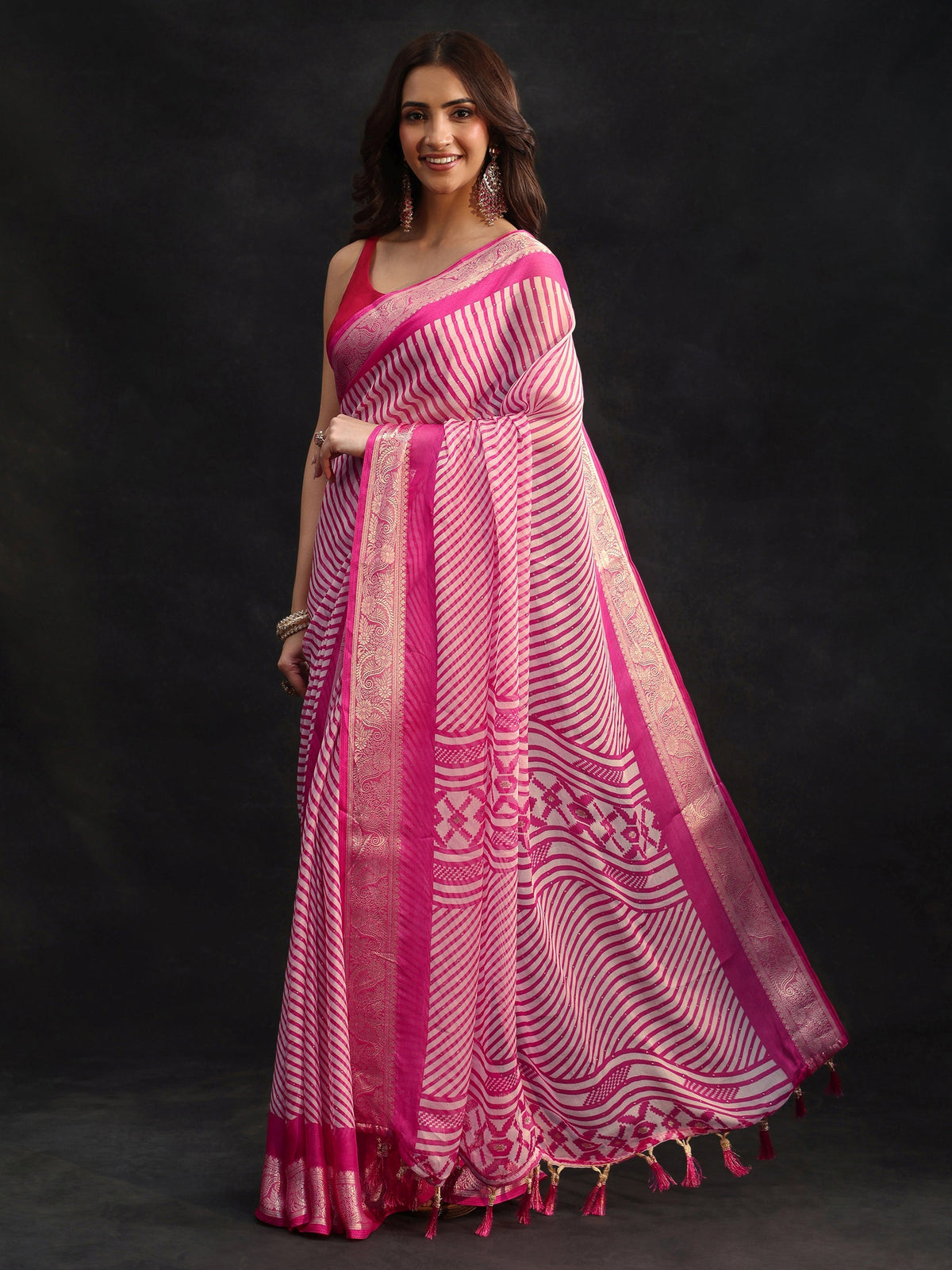 Anouk Hot Pink Striped Chiffon Saree with Paisley Border
