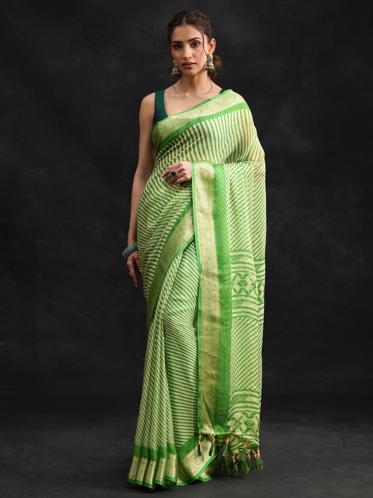 Anouk Forest Green Striped Chiffon Saree with Paisley Border