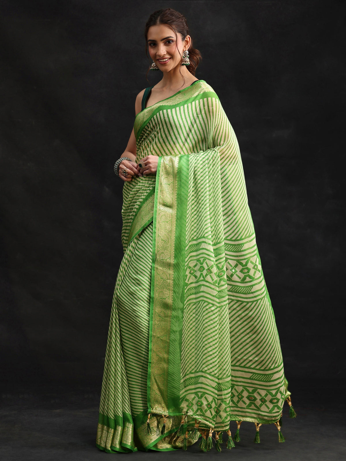 Anouk Forest Green Striped Chiffon Saree with Paisley Border