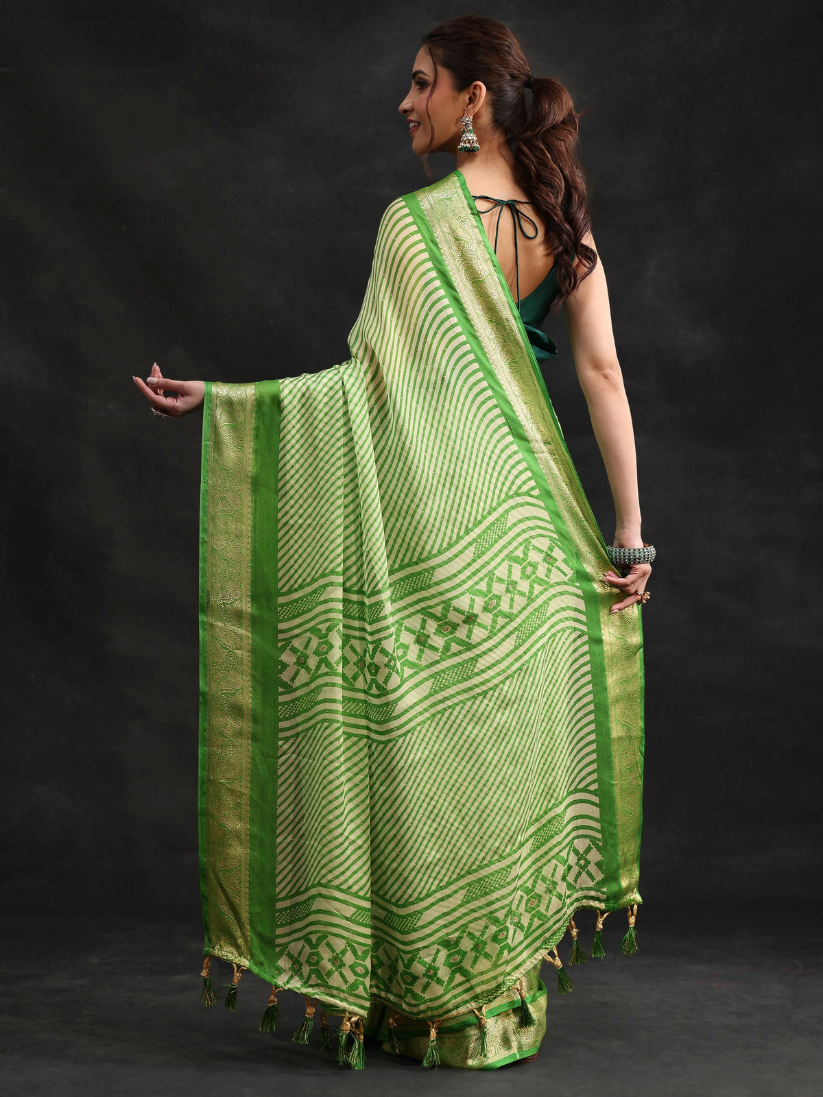 Anouk Forest Green Striped Chiffon Saree with Paisley Border