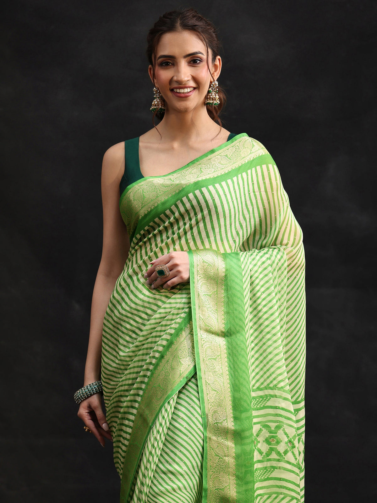 Anouk Forest Green Striped Chiffon Saree with Paisley Border