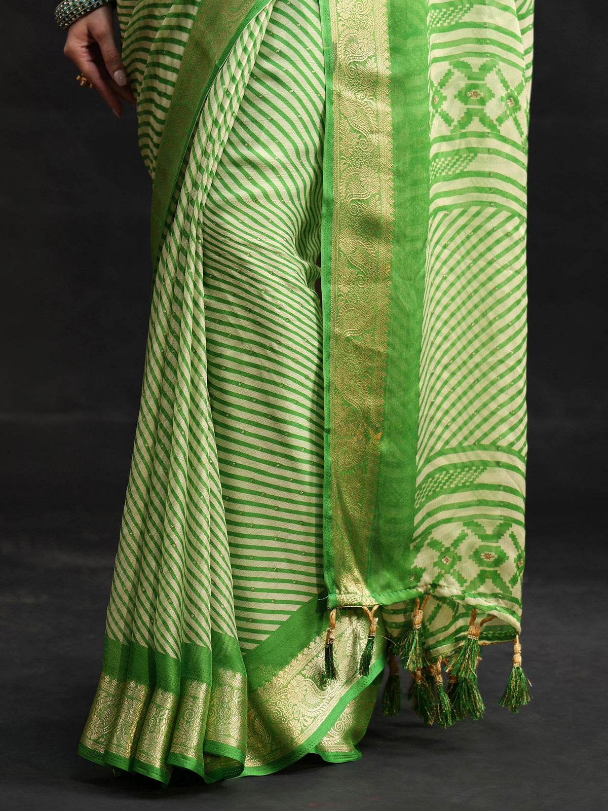 Anouk Forest Green Striped Chiffon Saree with Paisley Border