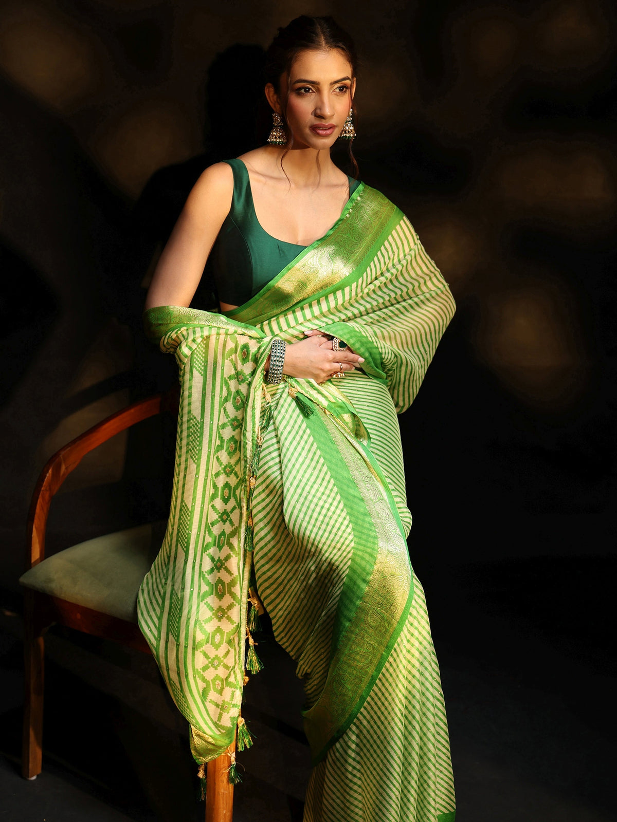 Anouk Forest Green Striped Chiffon Saree with Paisley Border
