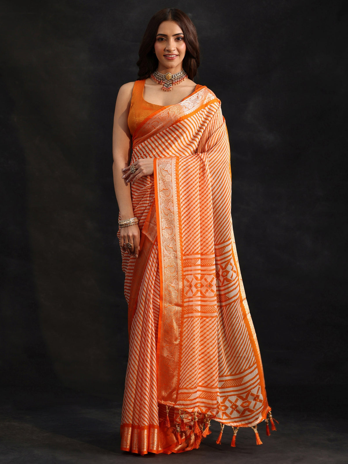 Anouk Orange Striped Chiffon Saree with Paisley Border