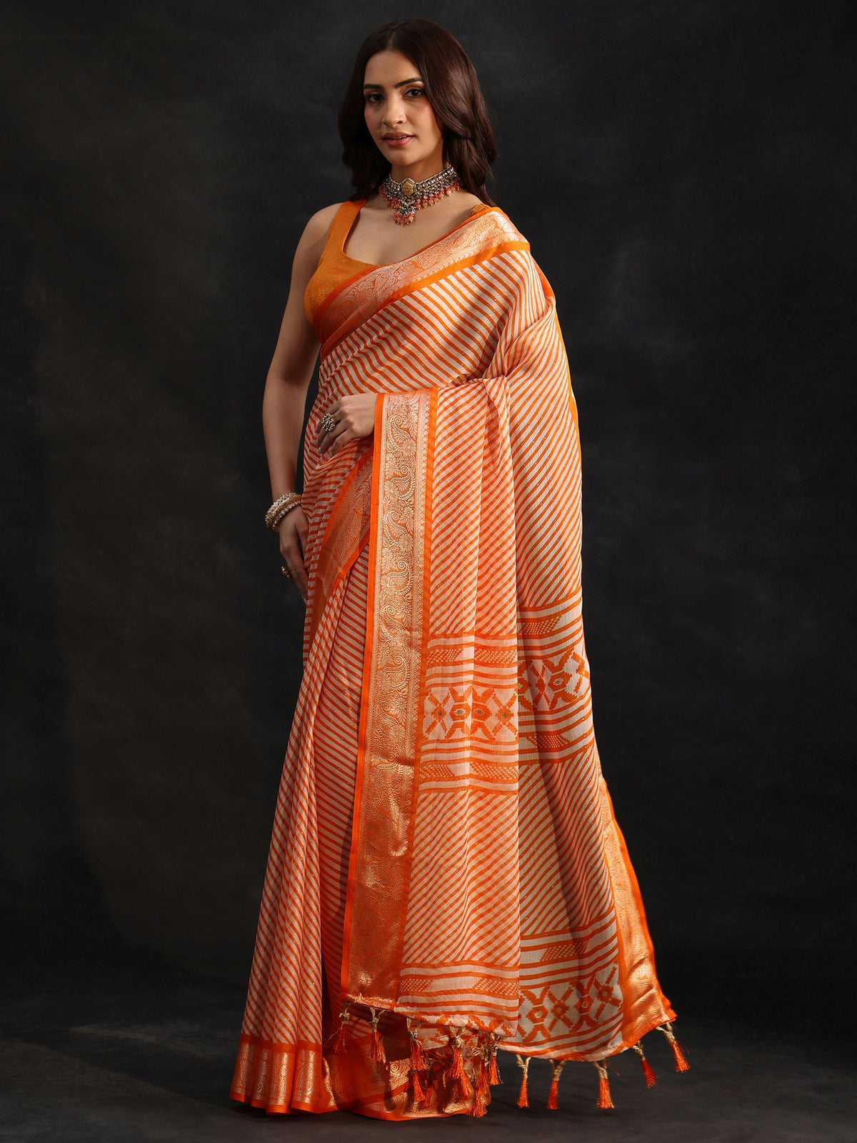 Anouk Orange Striped Chiffon Saree with Paisley Border