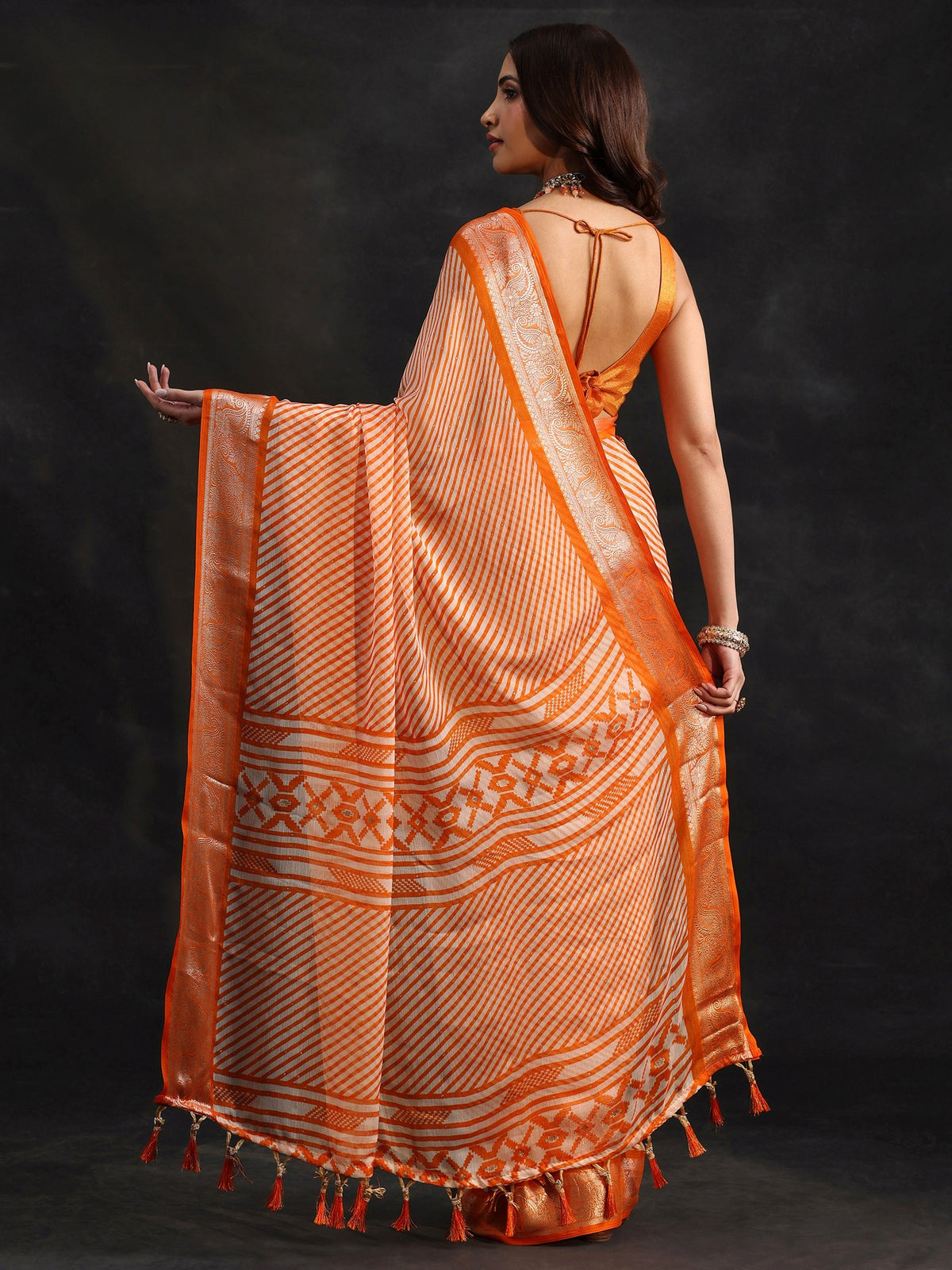 Anouk Orange Striped Chiffon Saree with Paisley Border