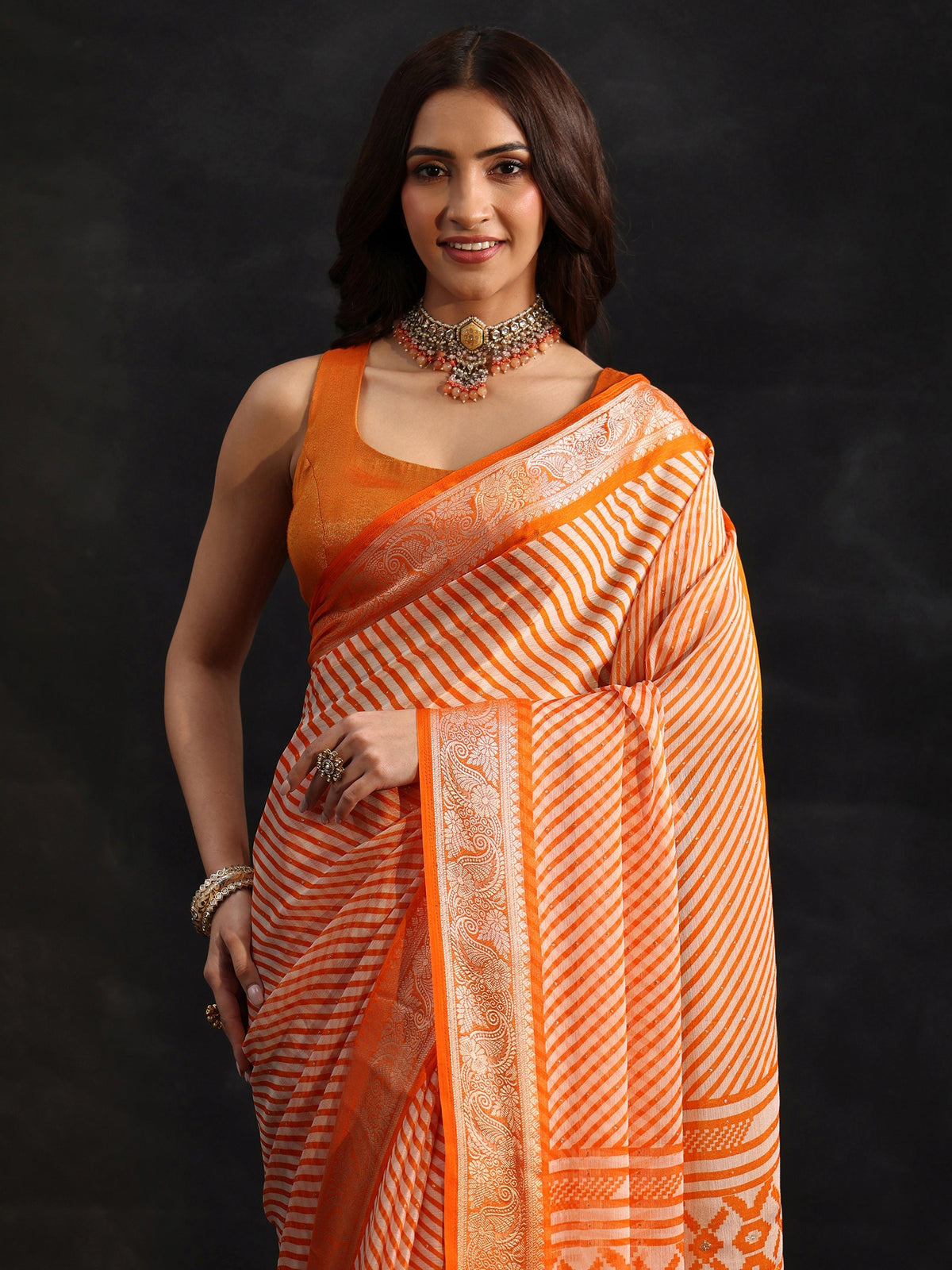 Anouk Orange Striped Chiffon Saree with Paisley Border