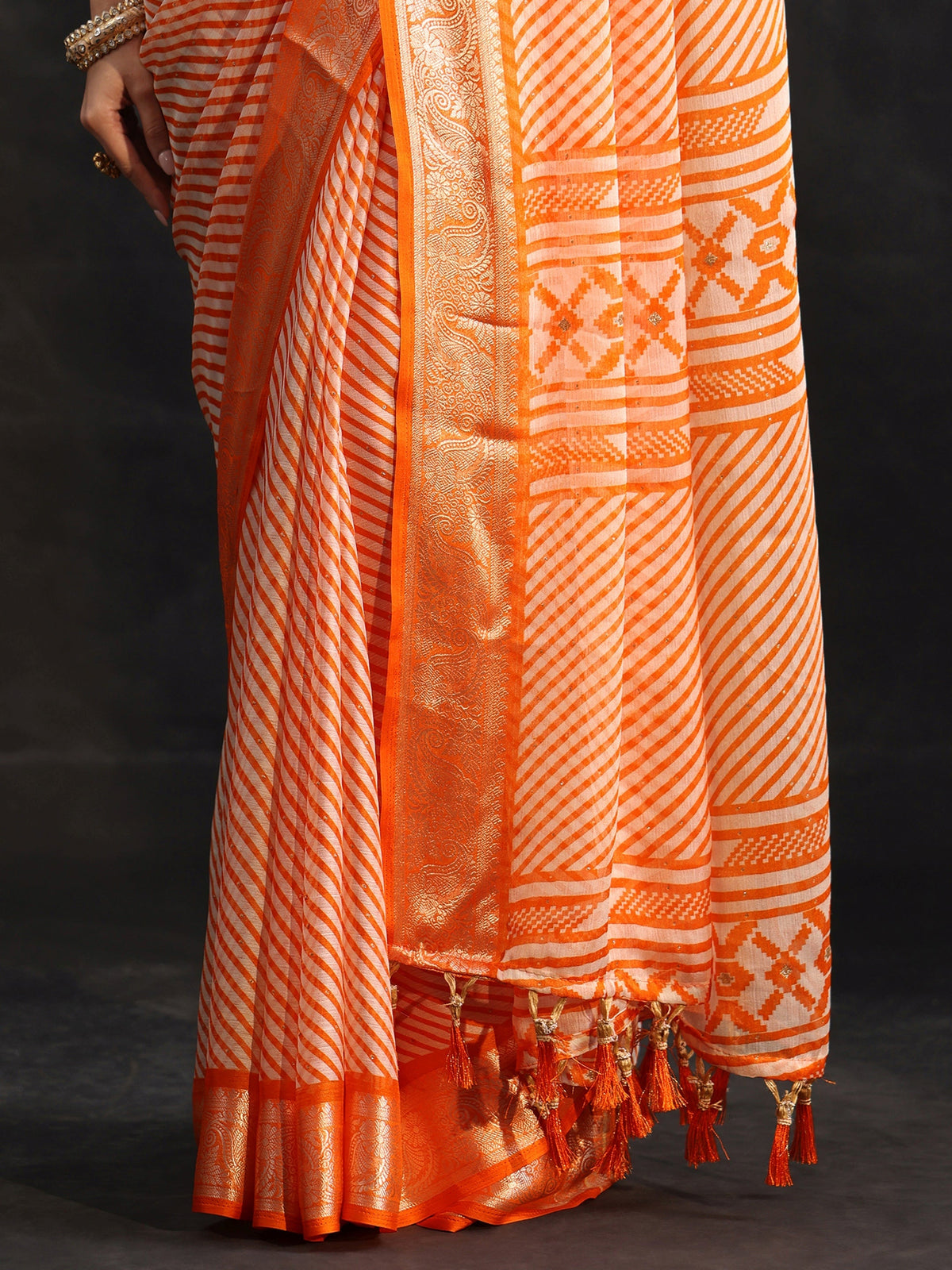 Anouk Orange Striped Chiffon Saree with Paisley Border