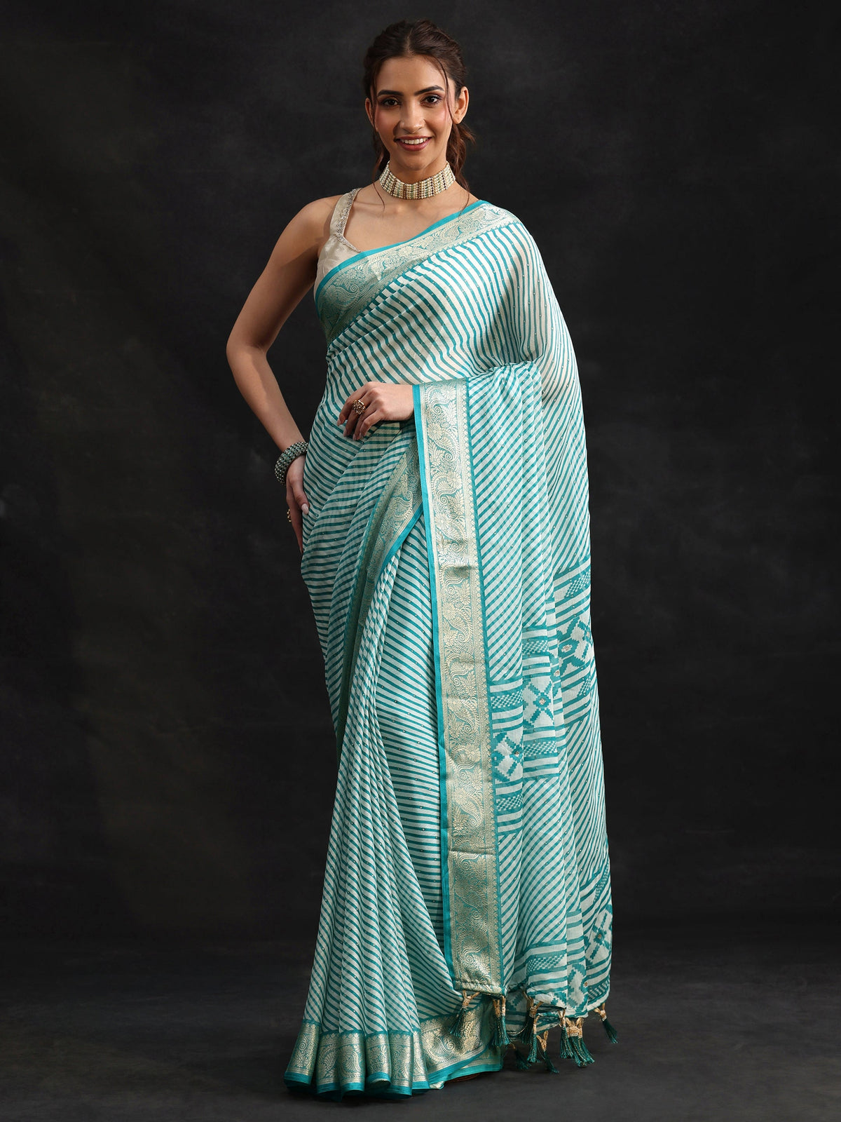 Anouk Cyan Blue Striped Chiffon Saree with Paisley Border