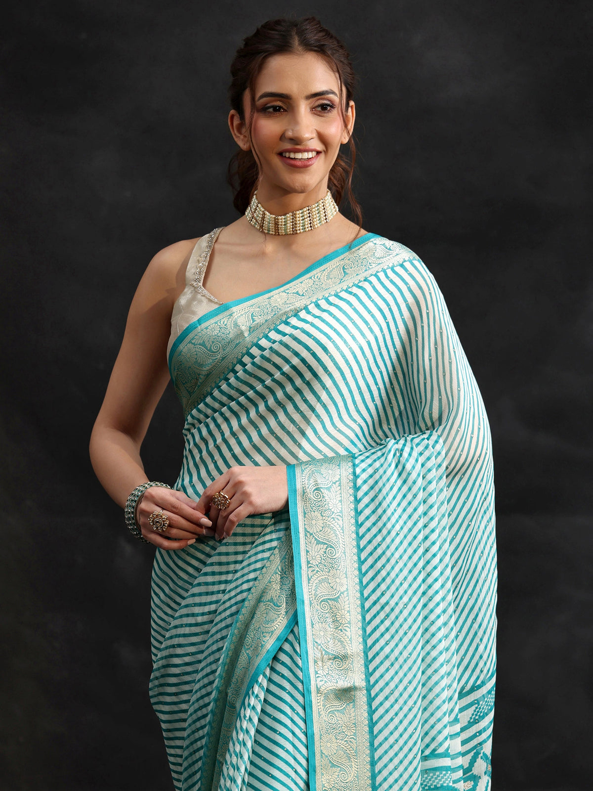 Anouk Cyan Blue Striped Chiffon Saree with Paisley Border