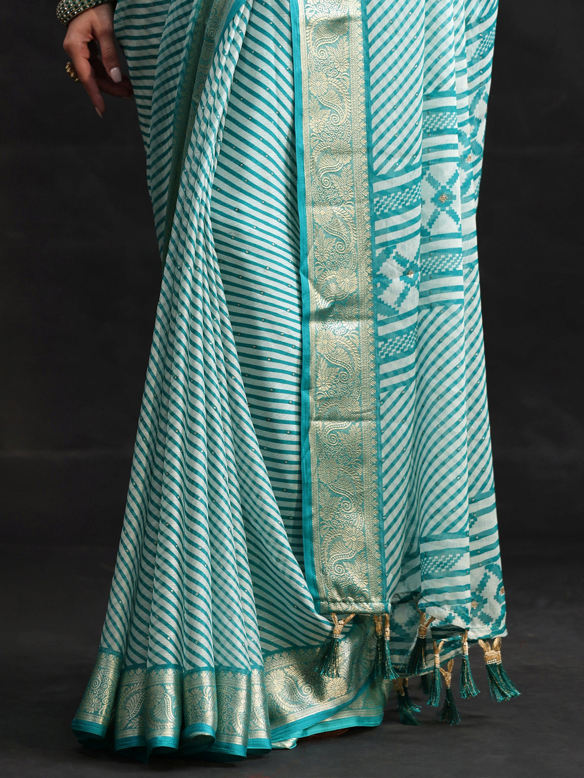 Anouk Cyan Blue Striped Chiffon Saree with Paisley Border