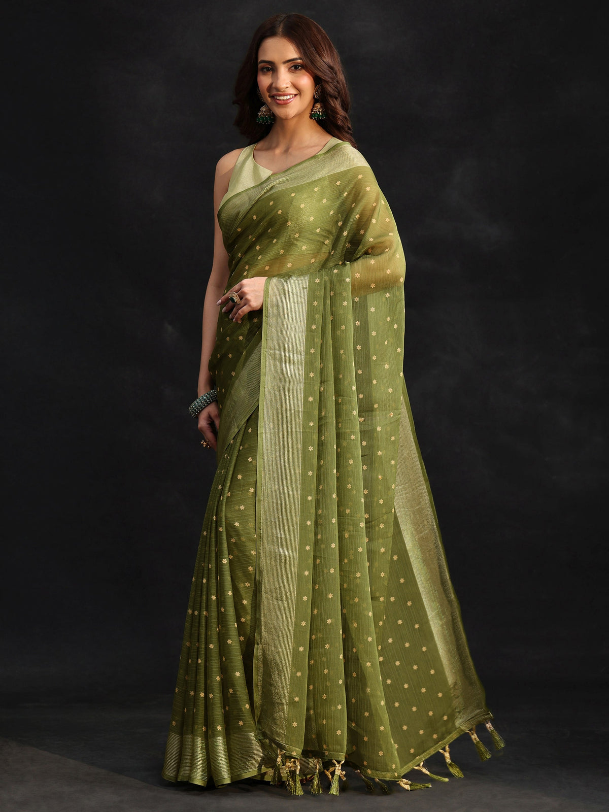 Anouk Moss Green Floral Printed Chiffon Saree