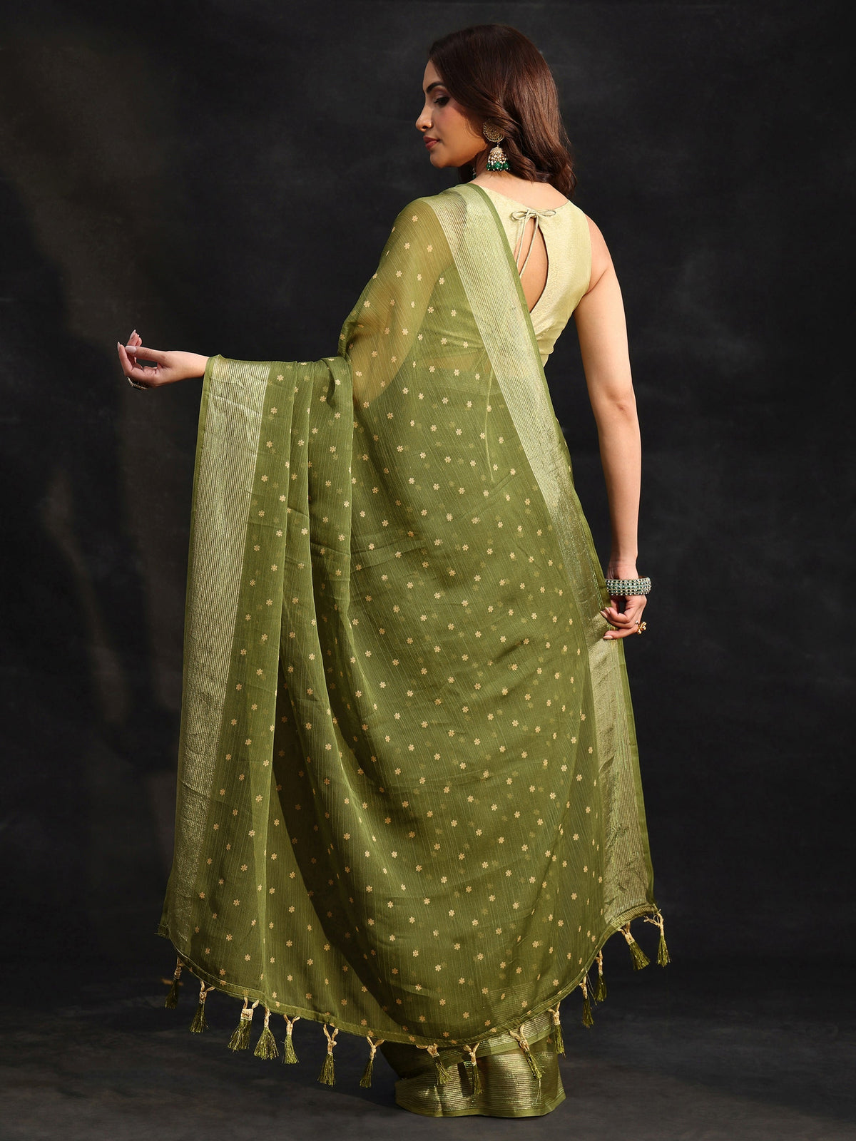 Anouk Moss Green Floral Printed Chiffon Saree
