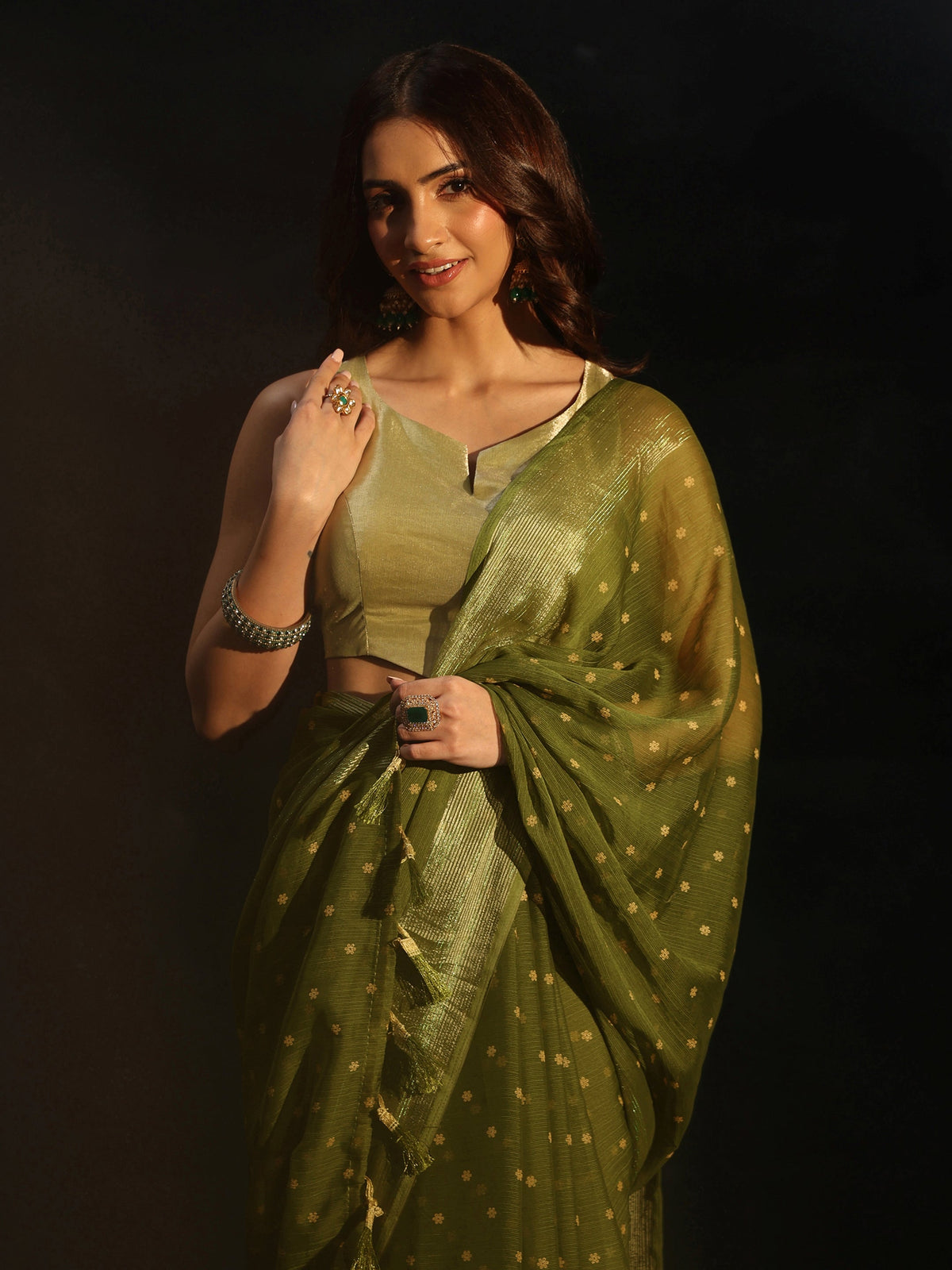 Anouk Moss Green Floral Printed Chiffon Saree