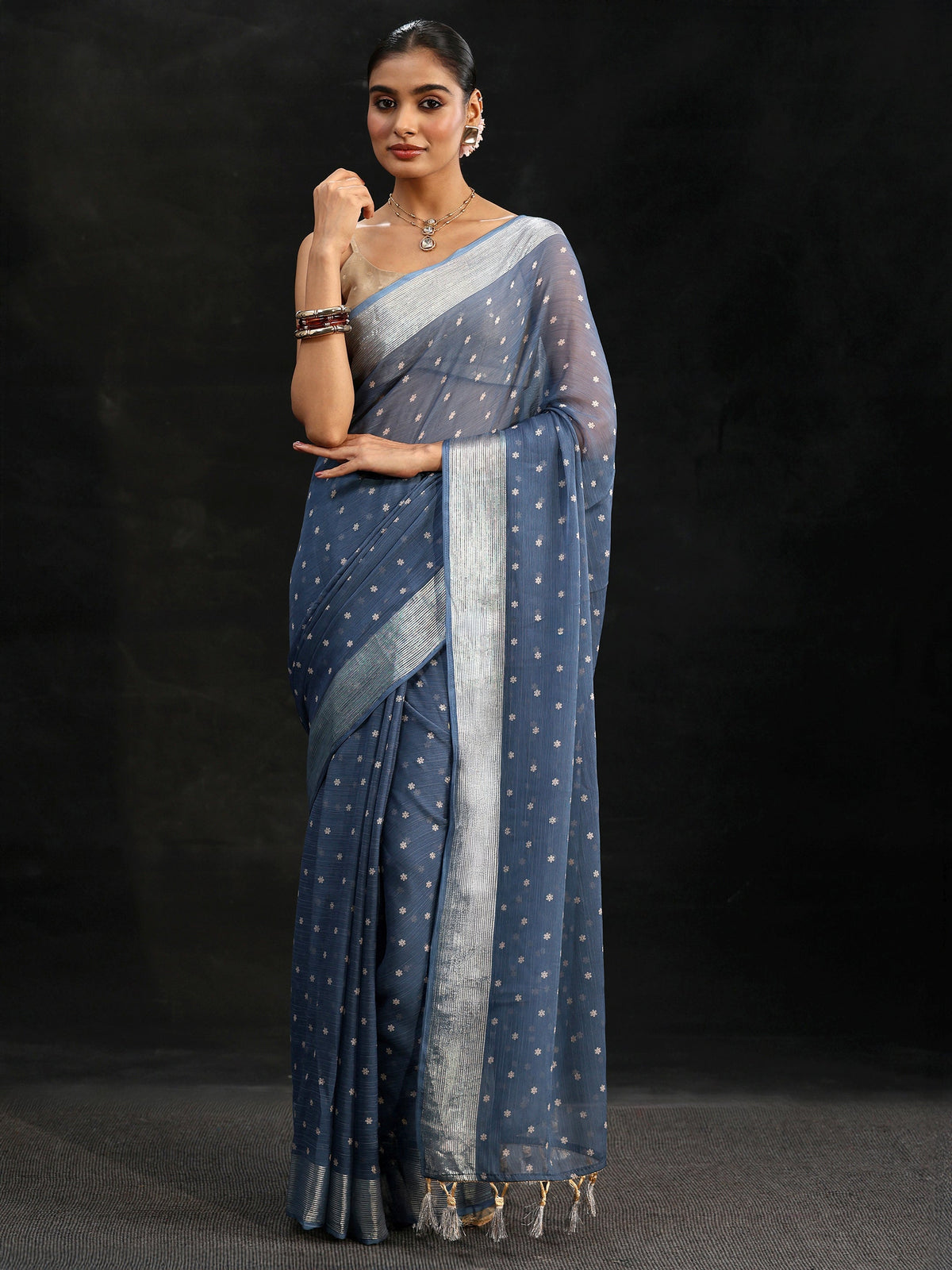 Anouk Steel Blue Floral Printed Chiffon Saree