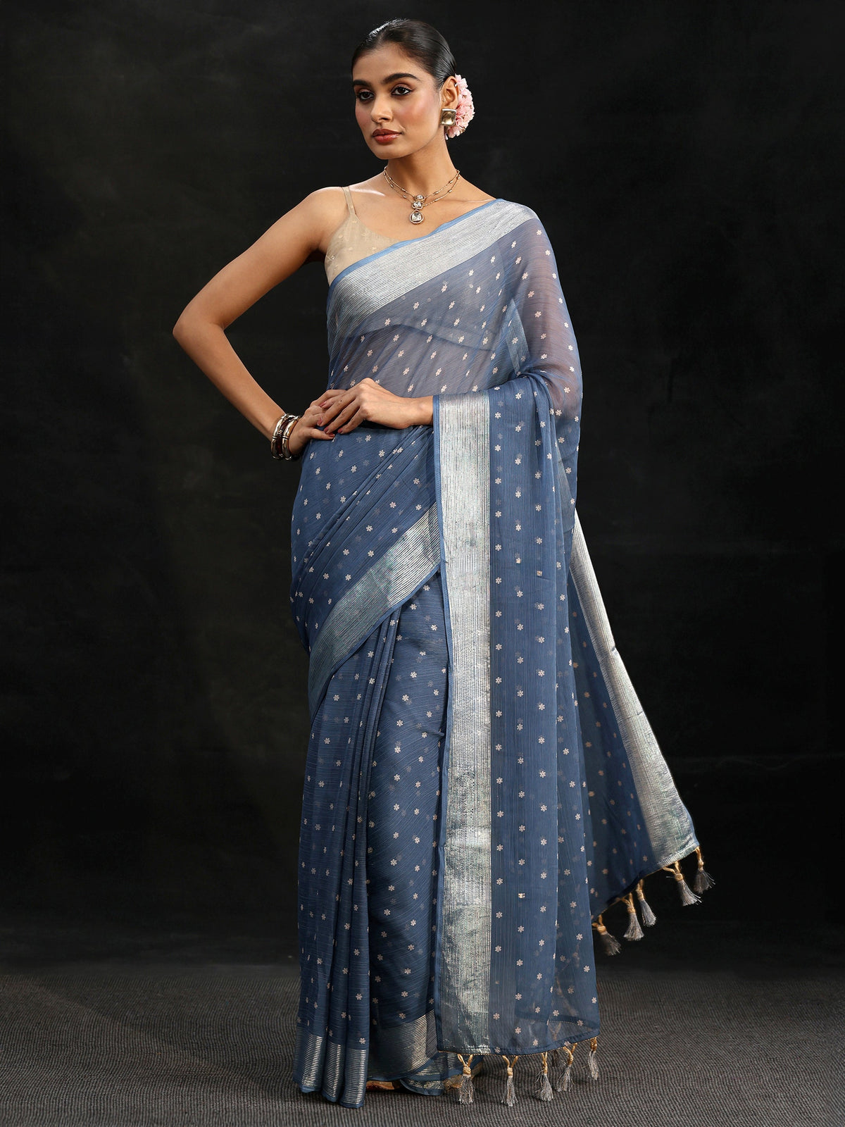 Anouk Steel Blue Floral Printed Chiffon Saree