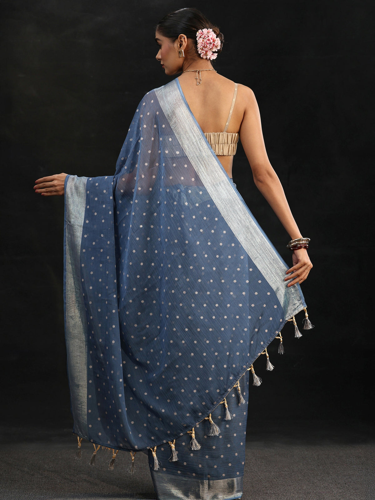 Anouk Steel Blue Floral Printed Chiffon Saree
