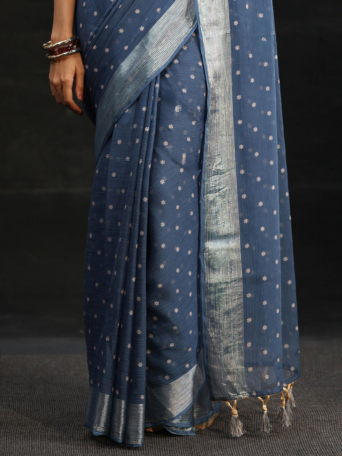 Anouk Steel Blue Floral Printed Chiffon Saree