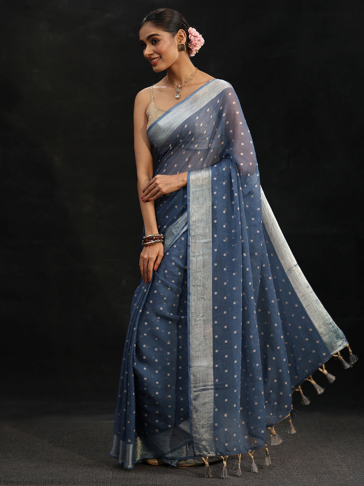 Anouk Steel Blue Floral Printed Chiffon Saree