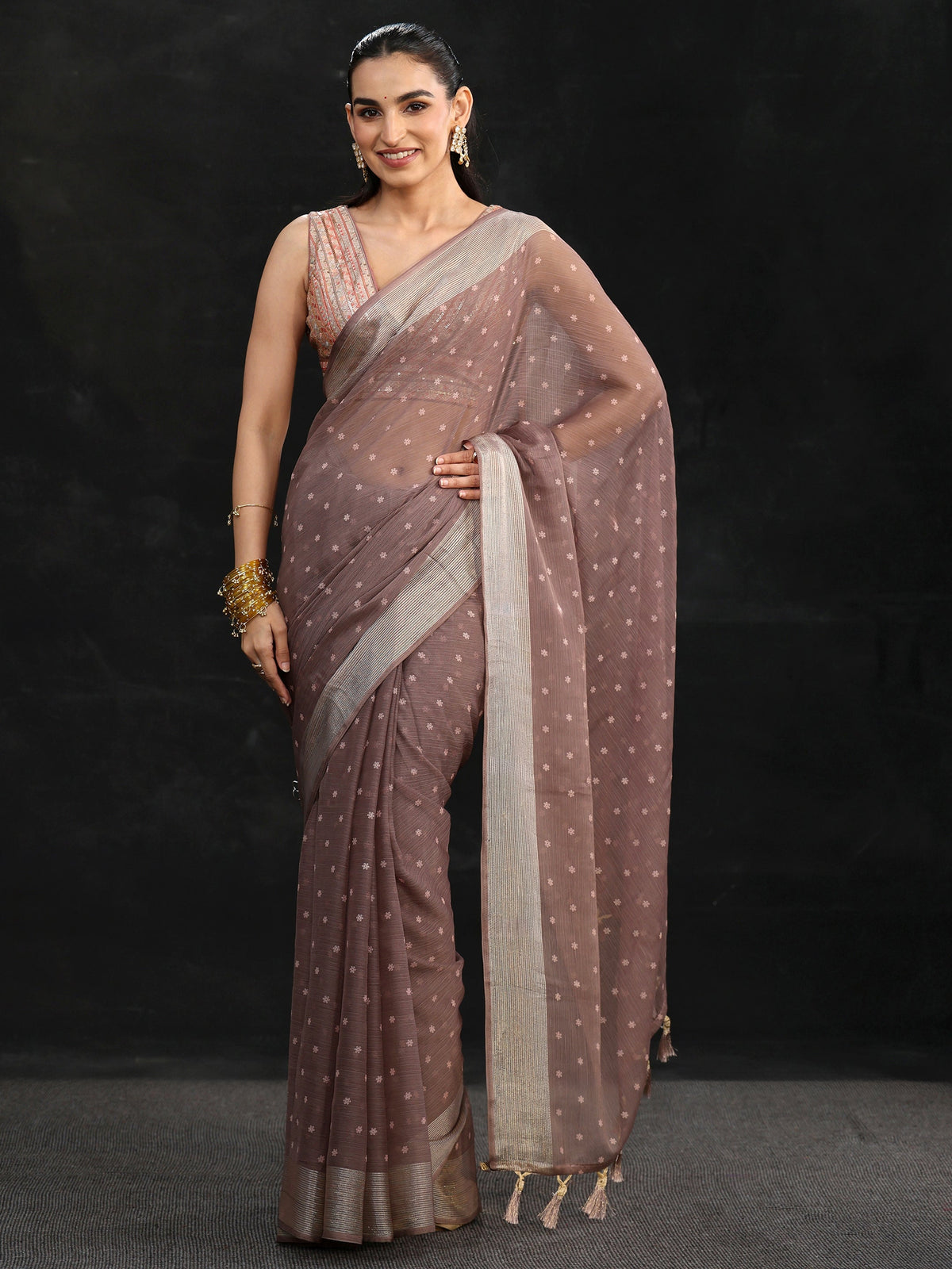 Anouk Brown Floral Printed Chiffon Saree