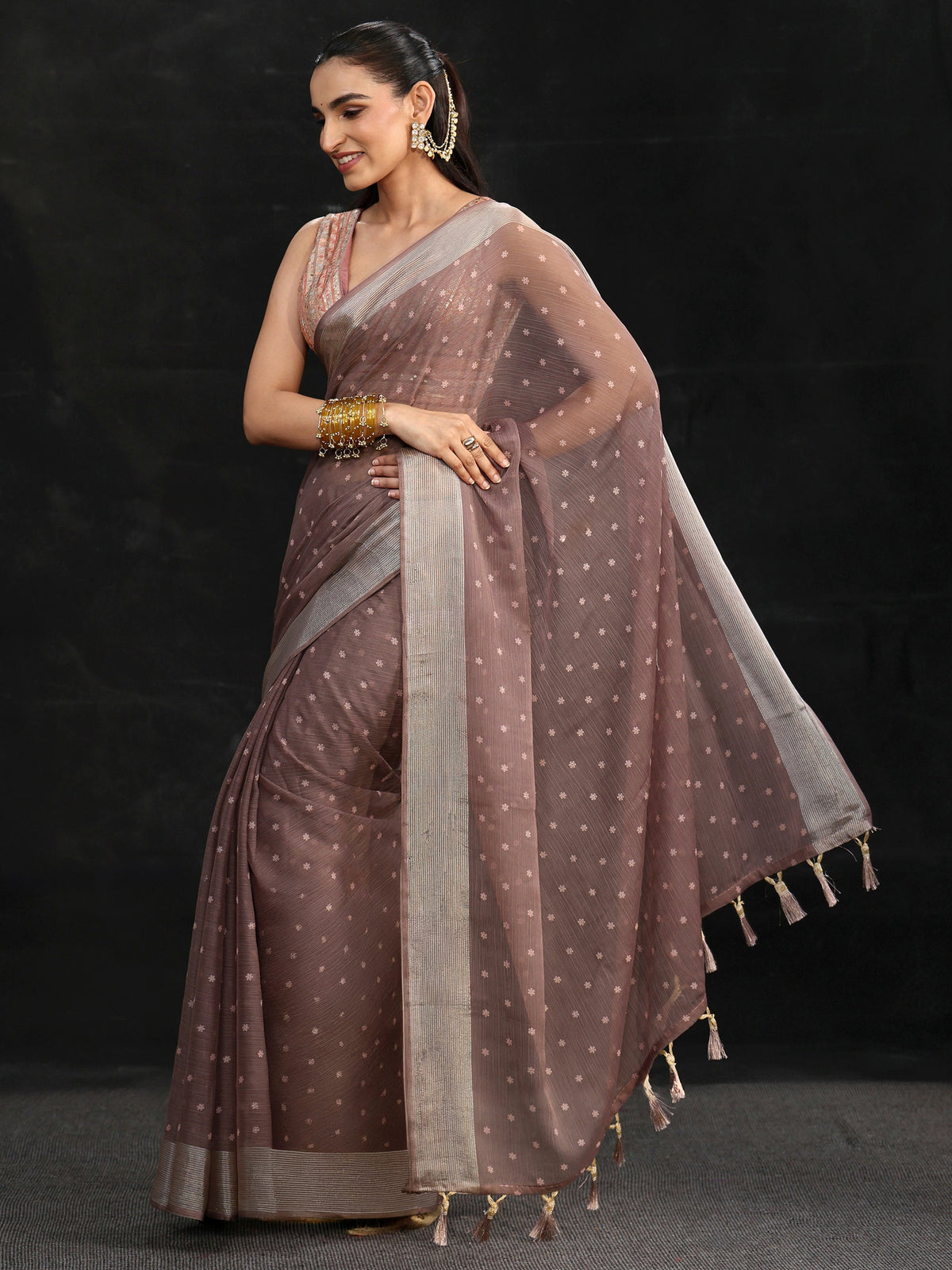 Anouk Brown Floral Printed Chiffon Saree
