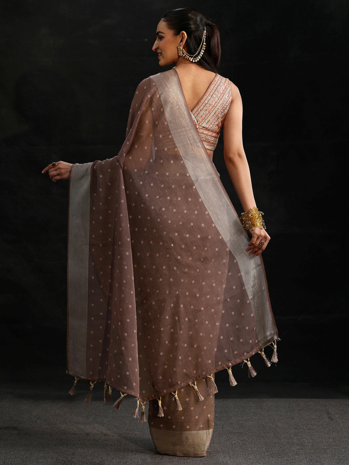 Anouk Brown Floral Printed Chiffon Saree