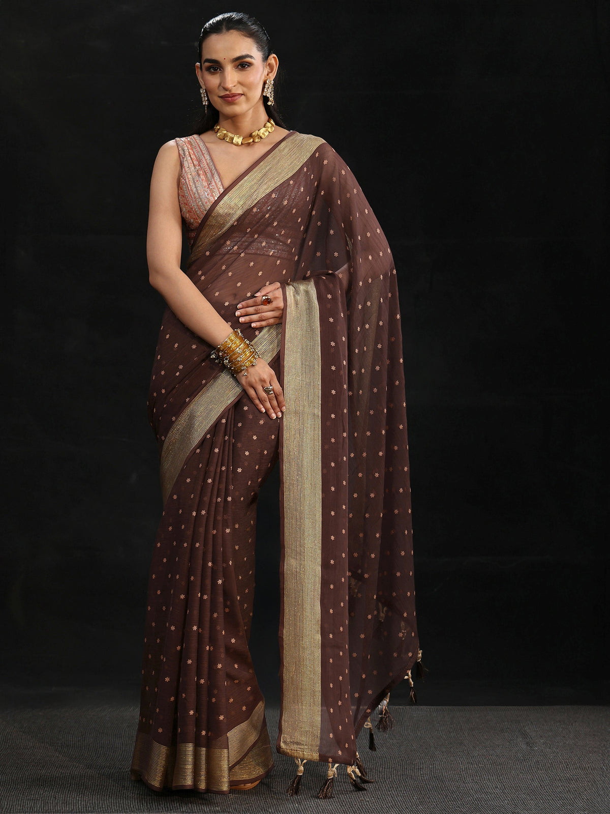 Anouk Chocolate Brown Floral Printed Chiffon Saree