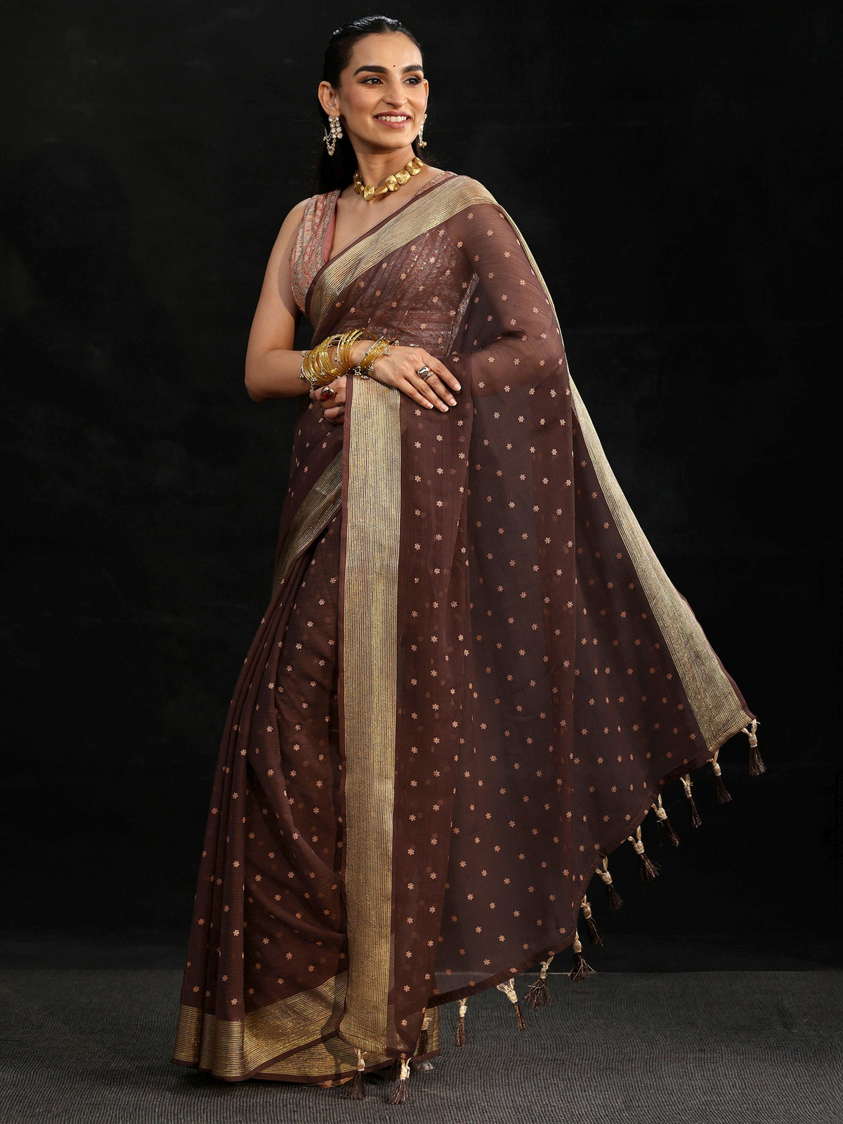 Anouk Chocolate Brown Floral Printed Chiffon Saree