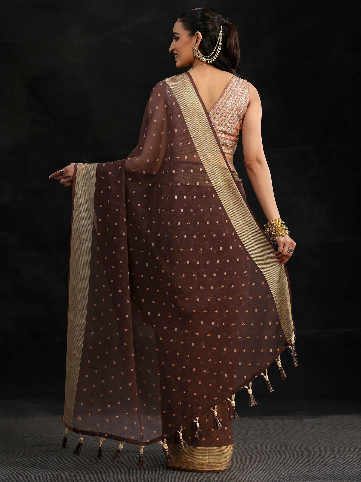 Anouk Chocolate Brown Floral Printed Chiffon Saree