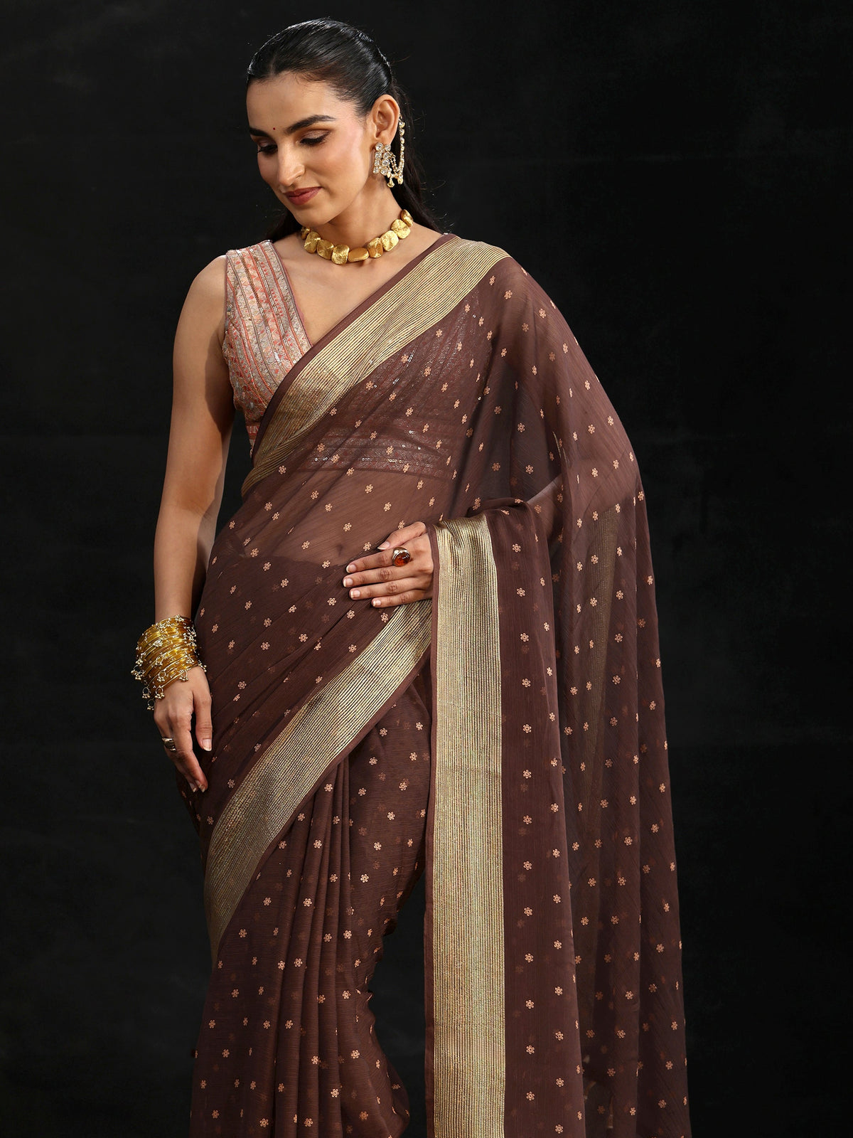 Anouk Chocolate Brown Floral Printed Chiffon Saree