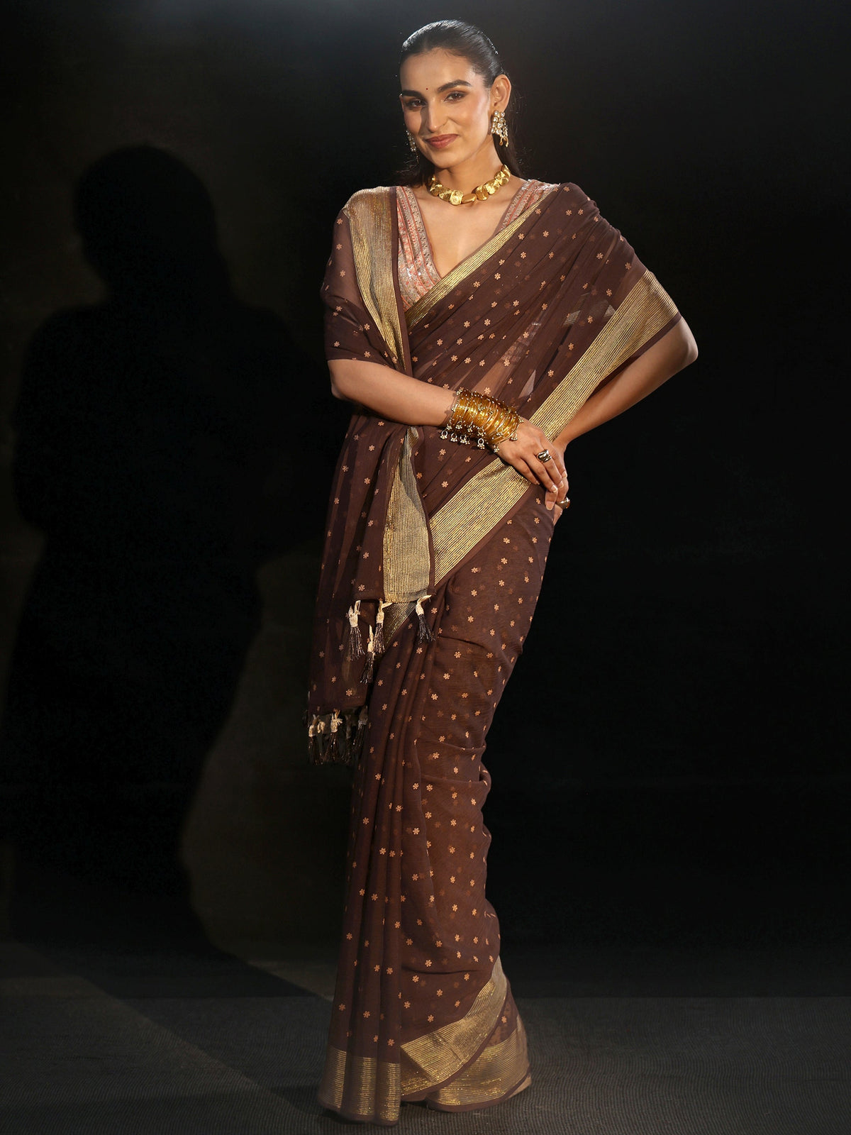 Anouk Chocolate Brown Floral Printed Chiffon Saree