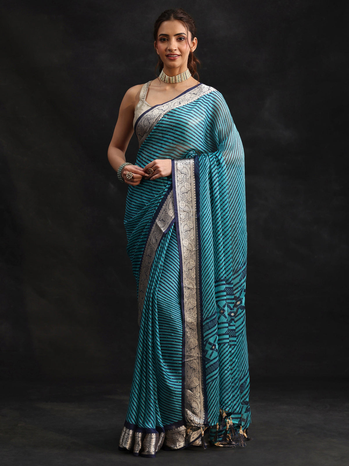 Anouk Navy Blue Striped Chiffon Saree with Paisley Border