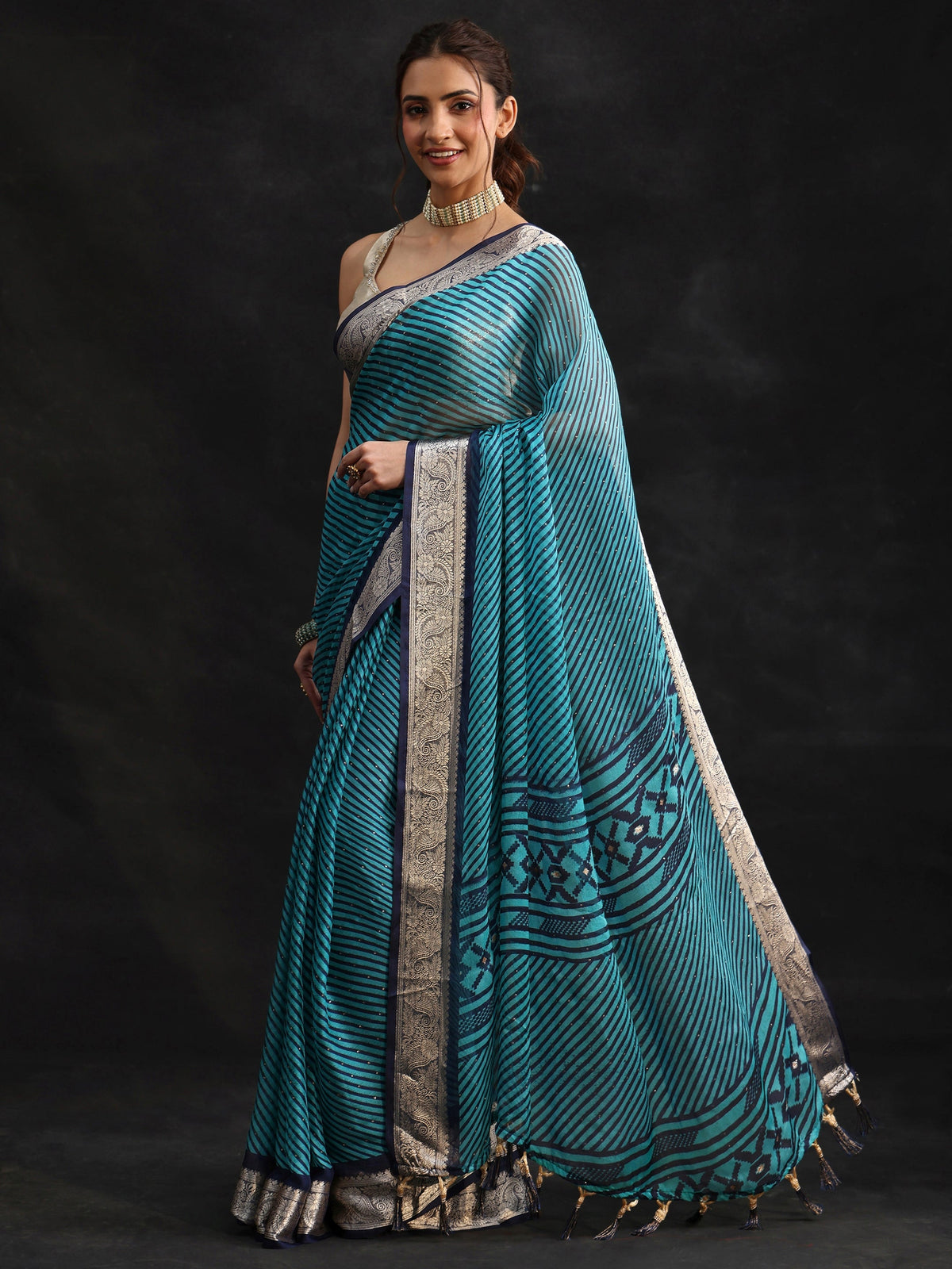 Anouk Navy Blue Striped Chiffon Saree with Paisley Border
