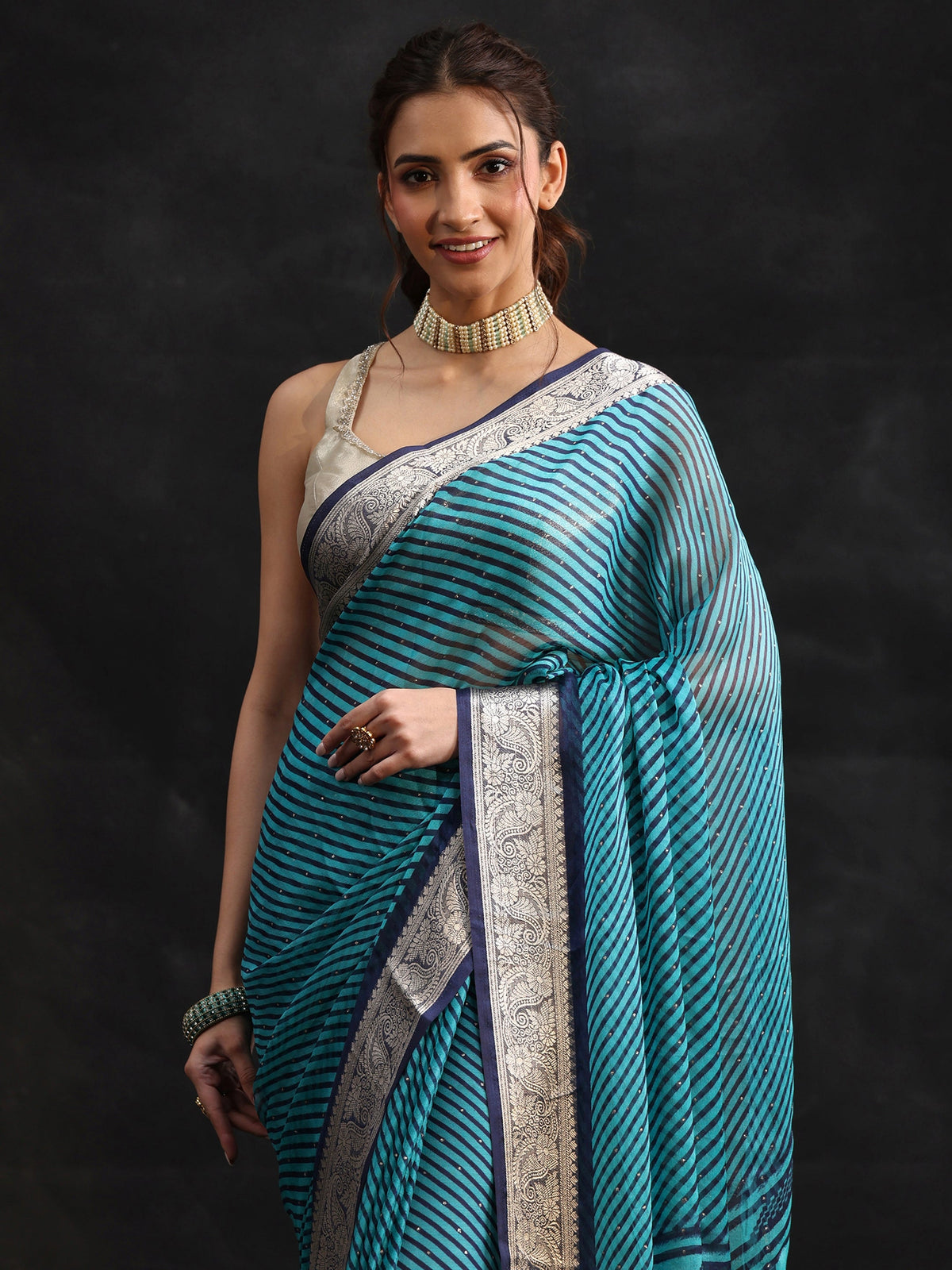 Anouk Navy Blue Striped Chiffon Saree with Paisley Border