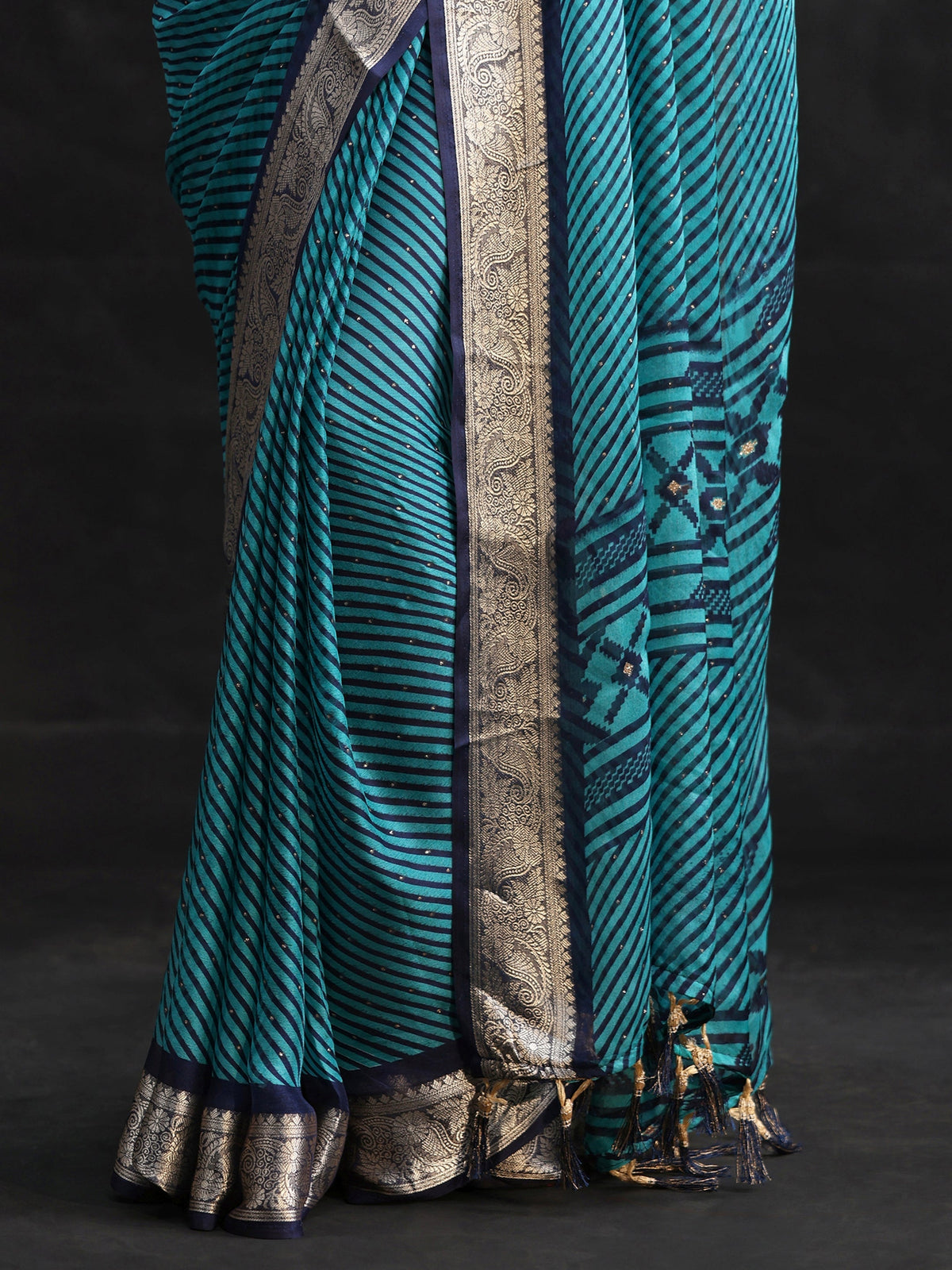 Anouk Navy Blue Striped Chiffon Saree with Paisley Border