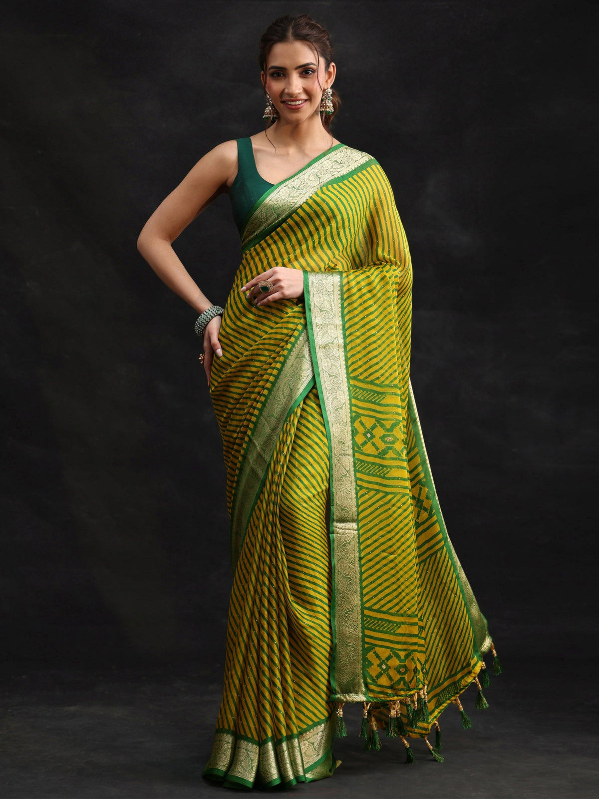 Anouk Green Striped Chiffon Saree with Paisley Border