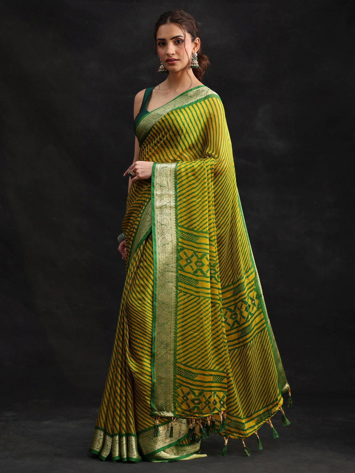 Anouk Green Striped Chiffon Saree with Paisley Border