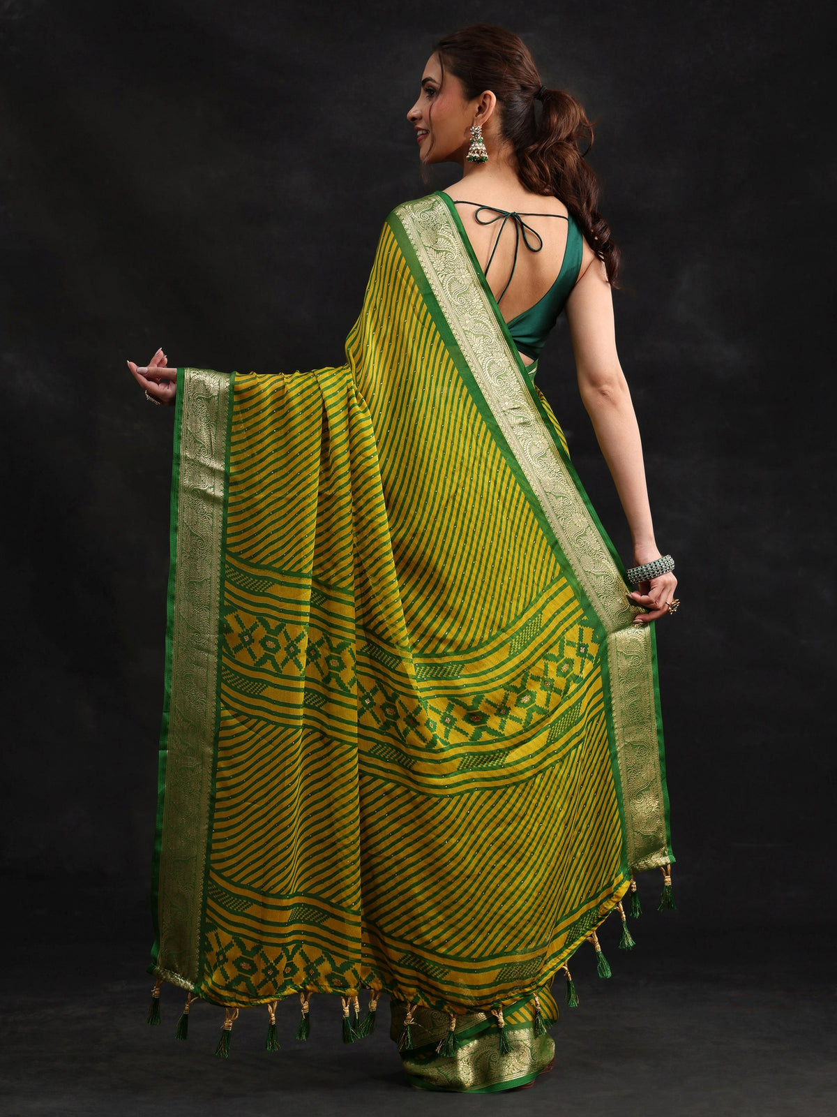 Anouk Green Striped Chiffon Saree with Paisley Border