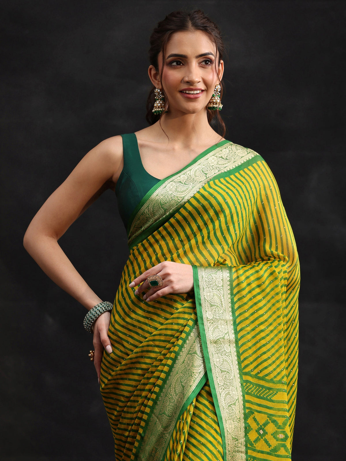 Anouk Green Striped Chiffon Saree with Paisley Border