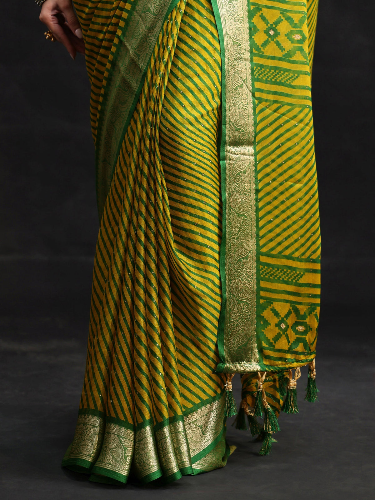 Anouk Green Striped Chiffon Saree with Paisley Border