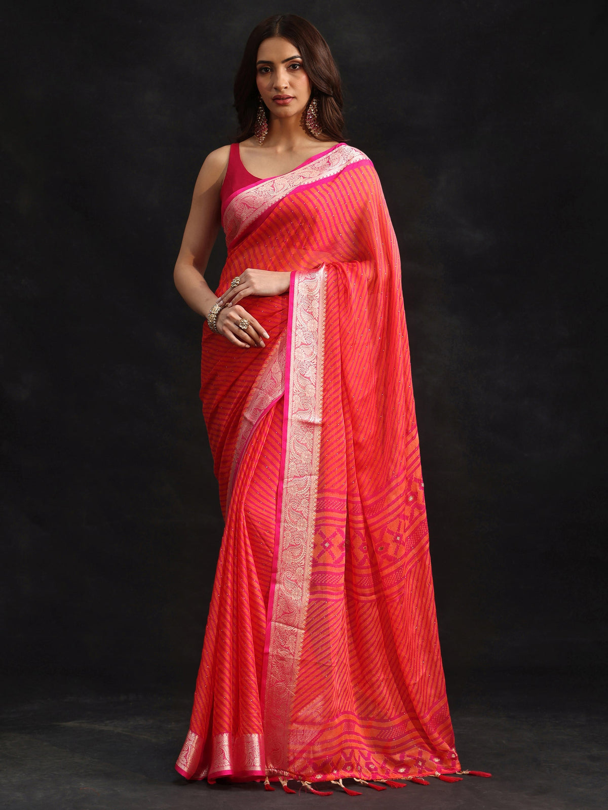 Anouk Pink Striped Chiffon Saree with Paisley Border