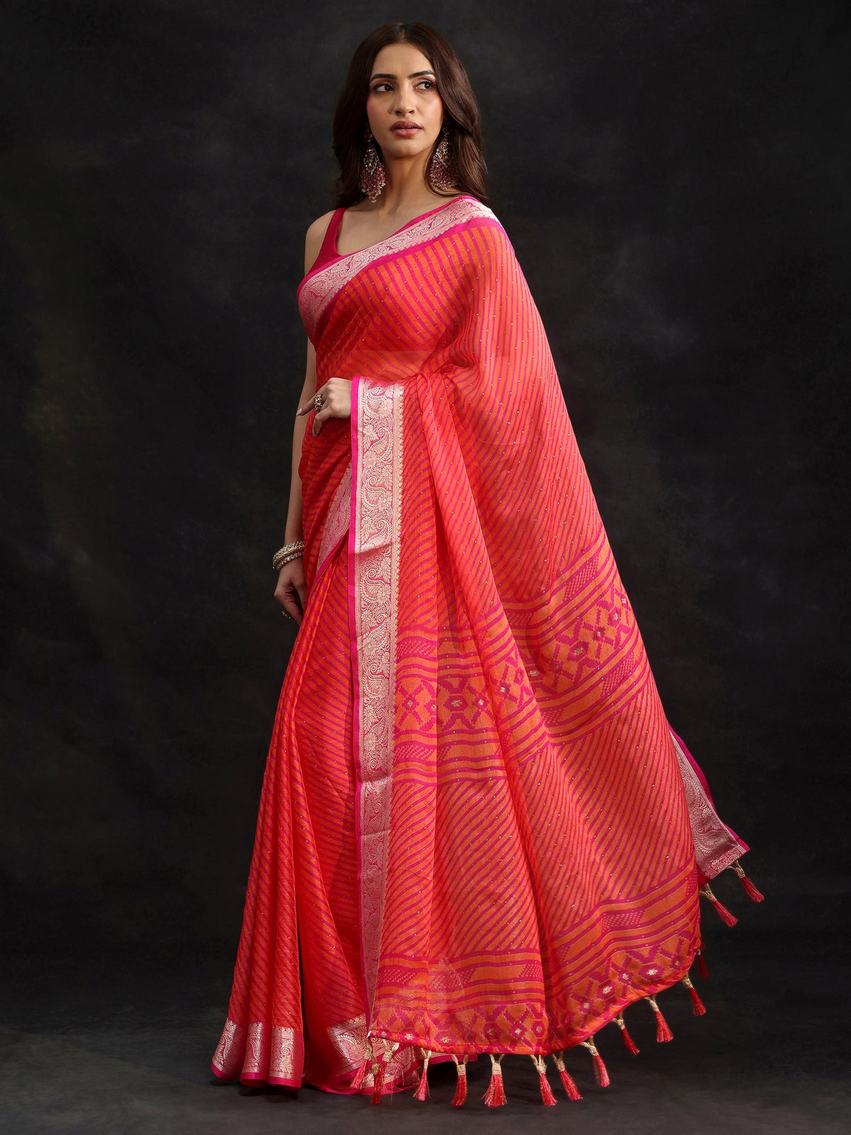 Anouk Pink Striped Chiffon Saree with Paisley Border