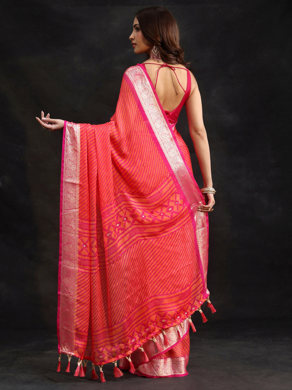 Anouk Pink Striped Chiffon Saree with Paisley Border